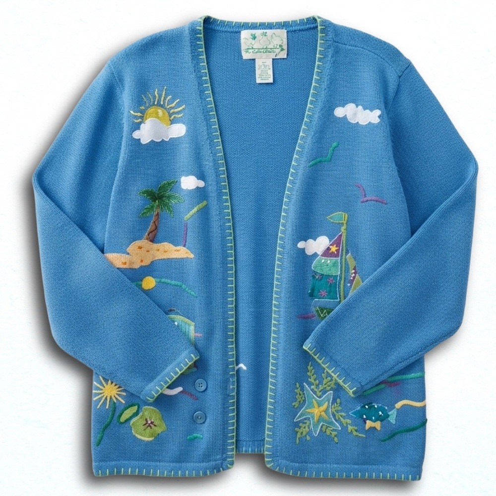 Quacker Factory Blue Embroidered Beach Nautical Cardigan Sweater A100118 Large